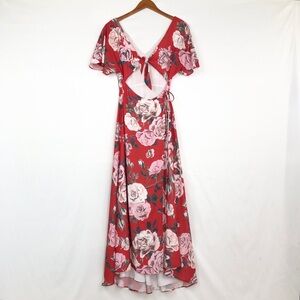 Fame and Partners Floral Wrap Maxi Dress Cut Out Size 0 Red White V Neck